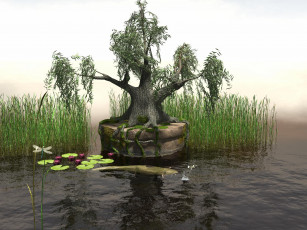 Картинка 3д графика nature landscape природа дерево вода стрекоза сом