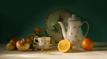 Картинка еда натюрморт апельсины лук чашка груши