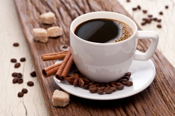 Картинка еда кофе +кофейные+зёрна зерна бадьян анис белая блюдце сахар корица палочки чашка