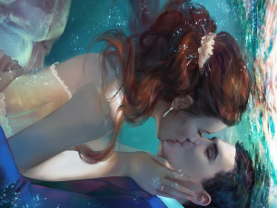 Картинка рисованное люди девушка парень поцелуй вода