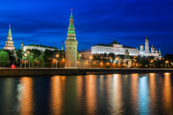 Картинка moscow+kremlin города москва+ россия огни река кремль отражение ночь