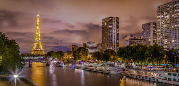 Картинка города париж+ франция башня огни река ночь