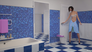 Картинка 3д+графика люди+ people девушка взгляд фон ванная интерьер