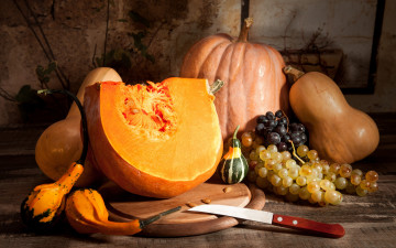 обоя еда, тыква, autumn, harvest, still, life, fruits, pumpkin, осень, листья, урожай, виноград