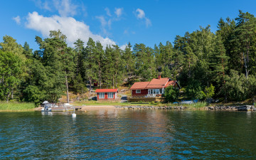 обоя города, - пейзажи, щвеция, stockholms, река, берег, камни, деревья, дом, лодка, лес