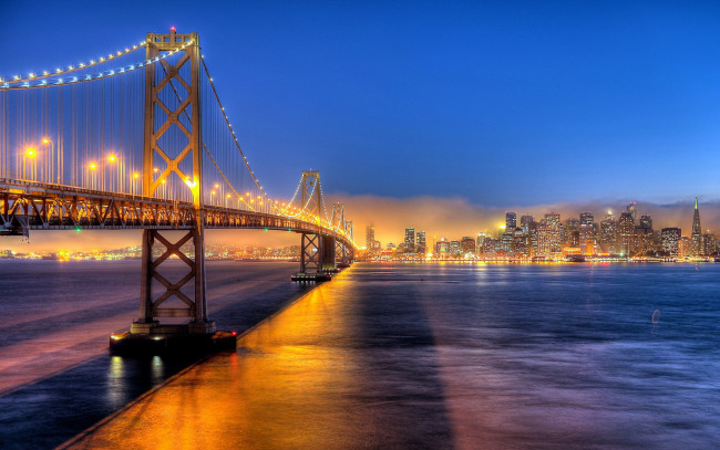 Обои картинки фото города, - мосты, огни, бэй-бридж, мост, сан-франциско, калифорния, вода, сша