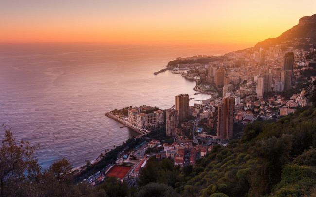 Обои картинки фото города, монако , монако, monte, carlo, море, побережье, дома, горизонт, рассвет