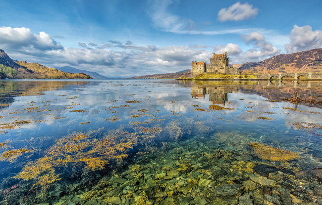 Обои картинки фото eilean donan castle, города, замок эйлен-донан , шотландия, горы, озеро, замок
