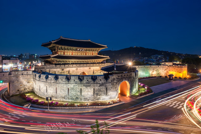 Обои картинки фото hwaseong fortress, города, - дворцы,  замки,  крепости, корея, крепость, ночь