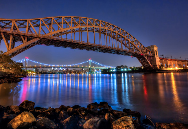 Обои картинки фото hell gate and triborough bridges, города, нью-йорк , сша, парк, река, мосты