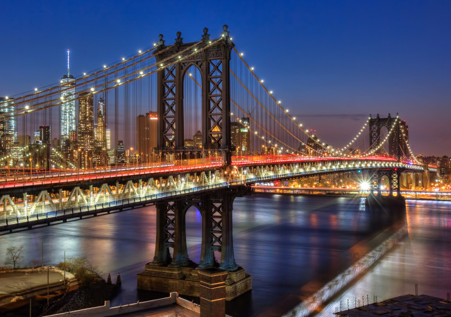 Обои картинки фото manhattan bridge, города, нью-йорк , сша, ночь, мост, огни, река