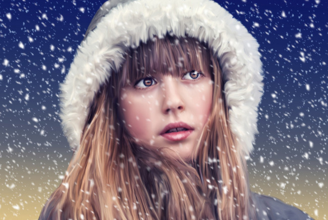 Обои картинки фото рисованное, люди, девочка, портрет, снег, лицо, капюшон