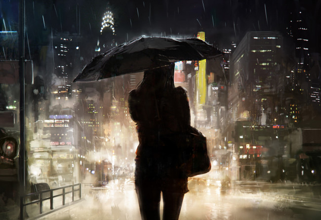 Обои картинки фото рисованное, люди, город, силуэт, дождь, арт, девушка, зонтик