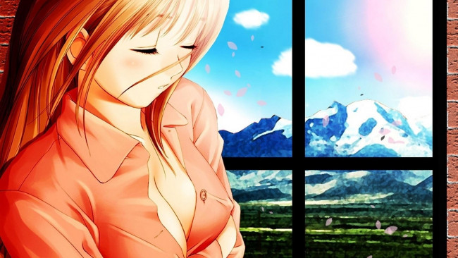 Обои картинки фото аниме, unknown,  другое, девушка, окно, пейзаж, горы