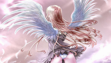 обоя фэнтези, ангелы, девушка, ангел, крылья, платье, перья