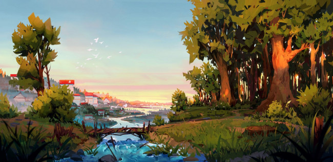 Обои картинки фото рисованное, денис истомин, лес, река, город