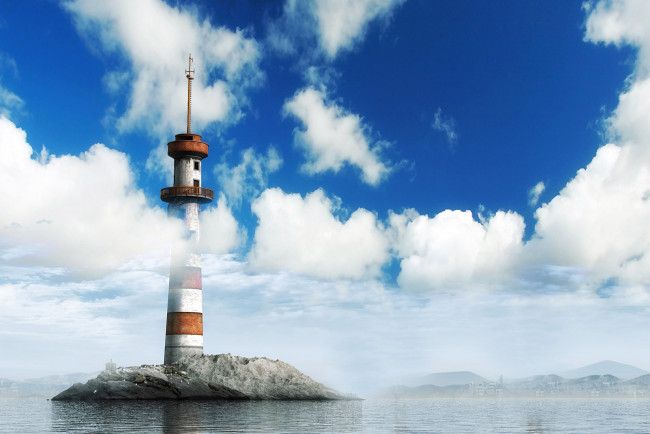 Обои картинки фото 3д графика, другое , other, маяк, камень, море, облака