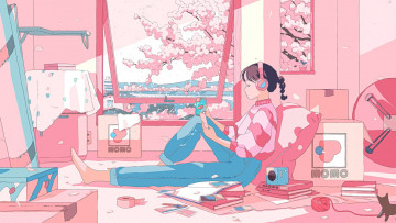 Картинка аниме город +улицы +интерьер +здания девочка гаджеты комната окно цветение