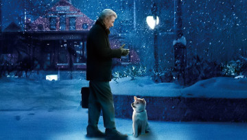 обоя кино фильмы, hachiko,  a dogs story, мужчина, чемодан, щенок, снег, зима