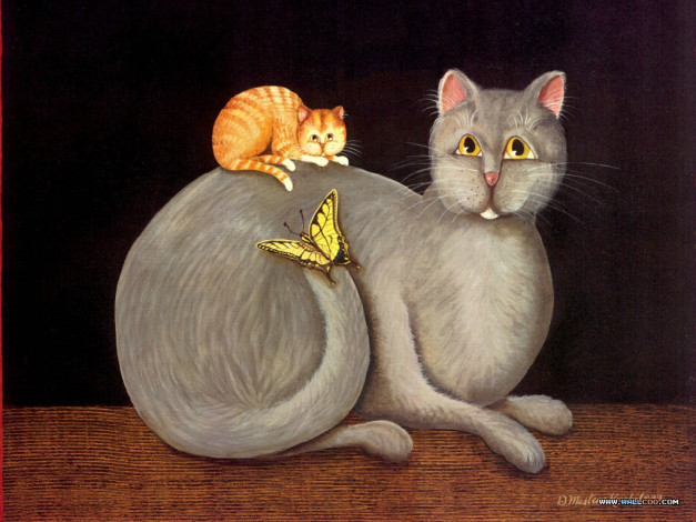 Обои картинки фото рисованные, животные, кошка, кот, котенок, бабочка