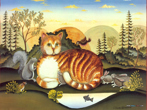 Обои картинки фото рисованные, животные, кот, кошка, белка, рыбка, птица, лягушка