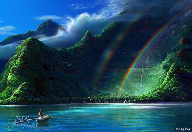 Обои картинки фото kagaya, фэнтези, горы, радуга, озеро, лодка, девушка