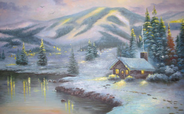 Картинка thomas kinkade рисованные пейзаж зима избушка