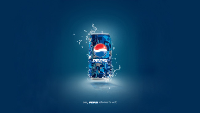 Обои картинки фото бренды, pepsi, синий, фон, брызги, капли, банка