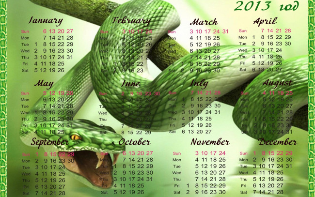 Обои картинки фото календари, рисованные, векторная, графика, календарь, 2013, новый, год, змея, зеленая