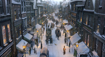 обоя рисованные, города, арт, город, снег, зима, улица, повозки, лошади, люди, фонари