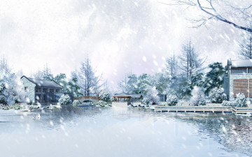 Картинка 3д графика architecture архитектура зима дома озеро
