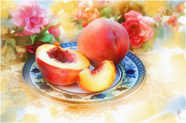 Обои картинки фото рисованные, еда, холст, персики