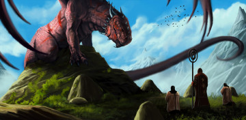 Картинка фэнтези драконы небо скалы горы холм дракон призыв