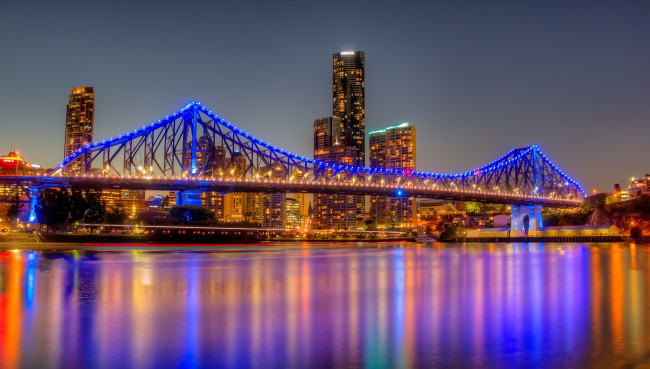 Обои картинки фото brisbane, города, брисбен , австралия, огни, небоскребы, мост, рассвет