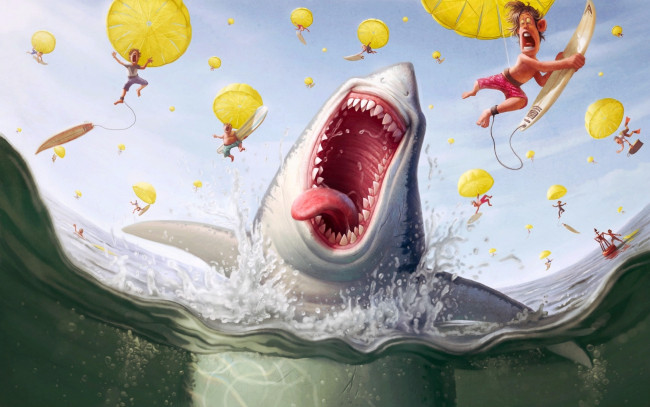 Обои картинки фото юмор и приколы, парашюты, небо, аппетит, акулы, море, ужас, серферы, доски