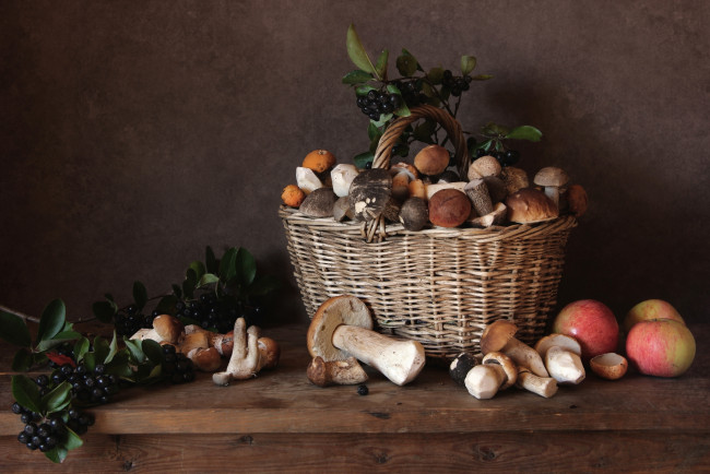 Обои картинки фото еда, грибы,  грибные блюда, арония, натюрморт, яблоки, корзина