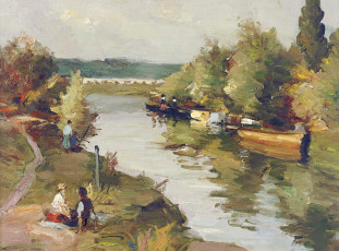 Картинка марсель+диф рисованное живопись влюбленные на речном берегу картина пейзаж река деревья люди лодка тропинка