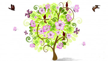 обоя векторная графика, цветы , flowers, птицы, весна, коллаж, цветы, дерево