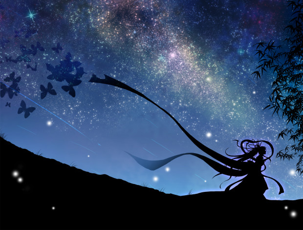 Обои картинки фото аниме, vocaloid, hatsune, miku, mokoppe, арт, бабочки, вокалоид, девушка, ночь, звезды, небо