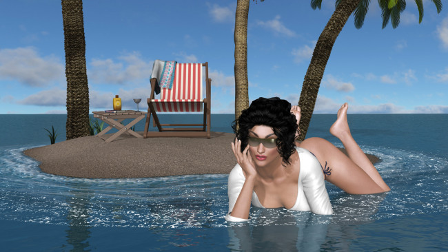 Обои картинки фото 3д графика, люди , people, фон, взгляд, девушка, шезлонг, остров, море, стол, пальмы