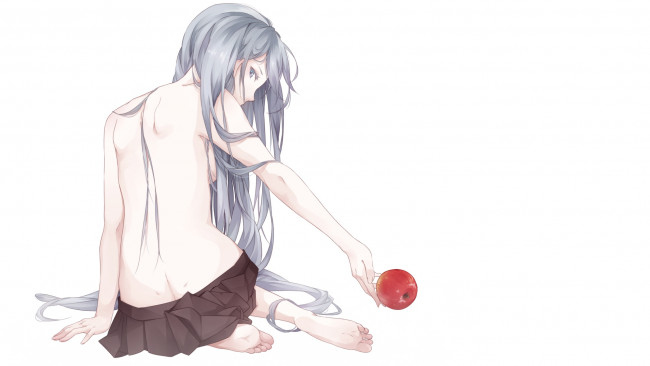 Обои картинки фото аниме, vocaloid, sekii, hatsune, miku, арт, девушка, яблоко, спина