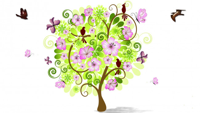 Обои картинки фото векторная графика, цветы , flowers, птицы, весна, коллаж, цветы, дерево