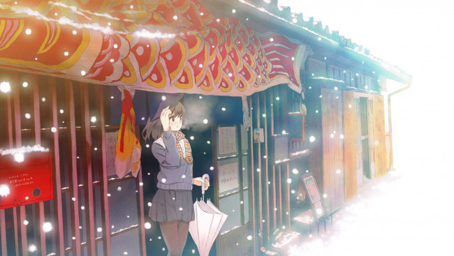 Обои картинки фото аниме, зима,  новый год,  рождество, город, арт, зонт, furai, девушка