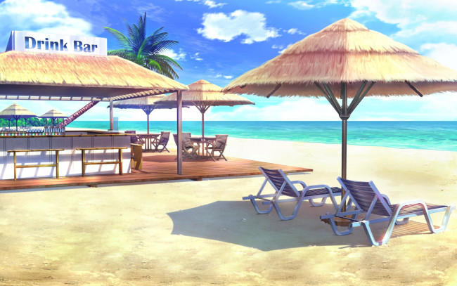 Обои картинки фото аниме, unknown,  другое, арт, boku, to, koisuru, ponkotsu, akuma, mizuki, shinjin, зонты, лето, пляж