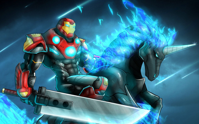Обои картинки фото рисованное, комиксы, tony, stark, fan, art, броня, меч, конь, iron, man