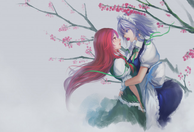 Обои картинки фото аниме, touhou, izayoi, sakuya, тохо, hong, meiling, длинные, волосы, девушки