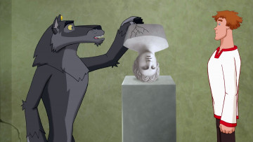 обоя мультфильмы, иван царевич и серый волк 3, парень, волк, статуя