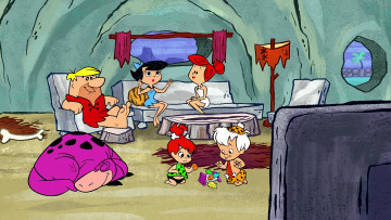 Картинка мультфильмы the+flintstones разговор комната динозавр дети женщина мужчина
