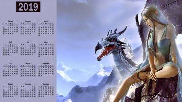 обоя календари, фэнтези, девушка, дракон