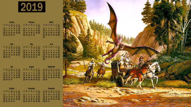 Обои картинки фото календари, фэнтези, конь, дракон, люди, деревья, телега, воин, лошадь